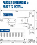 Tough As Nails 8X4 Inch 316 Marine Grade Stainless Steel T Hinges 2 Pack with dimensions and screws for installation.
