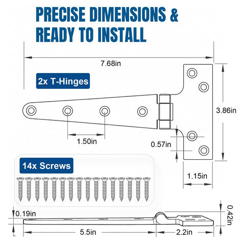 Tough As Nails 8X4 Inch 316 Marine Grade Stainless Steel T Hinges 2 Pack with dimensions and screws for installation.