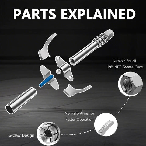 Pro Grade All In One Grease Gun Accessories Kit With 12 Inch Flexible Hose, Needle Nozzles, Quick Release Coupler parts explained