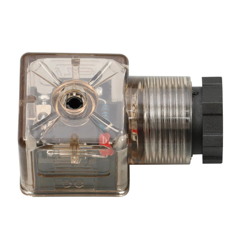Timunr hydraulic control valve, side view, 3-spool, 12V DC solenoid, translucent brown housing, 7/8-14 inlet/outlet.