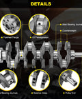 2.4L Engine Crankshaft and Bearing Kit features and details including flywheel flange, oil passageways, and main bearing journals.