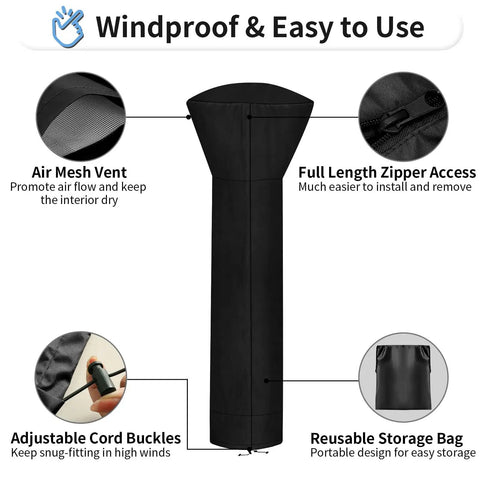 Beefed Up Heavy Duty Outdoor Patio Heater Cover With Zipper And Storage Bag, 89H x 33D x 19W, showing zipper and air vent design.