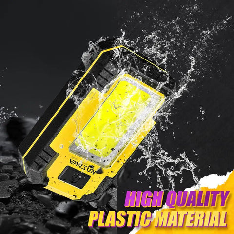 2 Pack Portable LED Rechargeable Work Light with Magnetic Base, water-resistant yellow design, showing durability in rain.