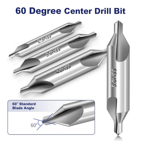 Center Drill Bit Set Pro Grade M2 High Speed Steel 7 Pc 60 Degree Centering Drill Bits shown in different sizes