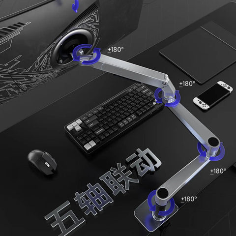 Heavy Duty Height Adjustable Monitor Mount With Extended Reach For Slick Gaming And Desk Setups Featuring No Sweat Install Ball Pivot Tilt Swivel And Beefy Aluminum Frame on gaming desk with keyboard and mouse.