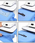 12 Pack T Shirt Ruler Guides for Vinyl Alignment and Centering Designs in use with heat press on blue shirt.
