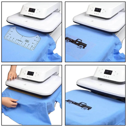 12 Pack T Shirt Ruler Guides for Vinyl Alignment and Centering Designs in use with heat press on blue shirt.