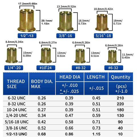 880 Piece Rivet Nut Kit With 6-32 8-32 10-24 1/4-20 5/16-18 3/8-16 1/2-13 Carbon Steel Yellow Zinc Plated Flat Head Rivet Nuts In Durable Case For Auto Body DIY Projects size chart and dimensions