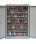 Heavy Gauge Thirty Five Drawer Tip Out Cabinet Workstation Gray Steel Parts Organizer with open drawers for easy access to hardware.