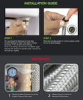 Installation guide showing steps for connecting 16 Inch Flexible Toilet Water Supply Line With Braided Stainless Steel Hose Connector.