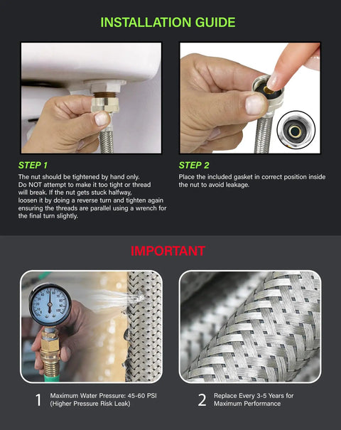 Installation guide showing steps for connecting 16 Inch Flexible Toilet Water Supply Line With Braided Stainless Steel Hose Connector.