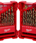 Open red case showing Cobalt Red Helix Metal Drill Bit Set, 29 Piece Kit For Tough Metals And Wood with labeled slots.