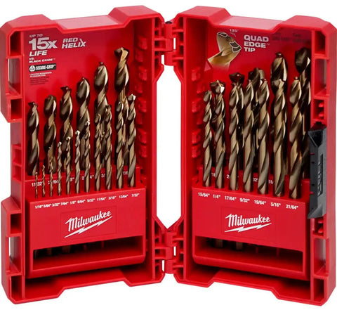 Open red case showing Cobalt Red Helix Metal Drill Bit Set, 29 Piece Kit For Tough Metals And Wood with labeled slots.