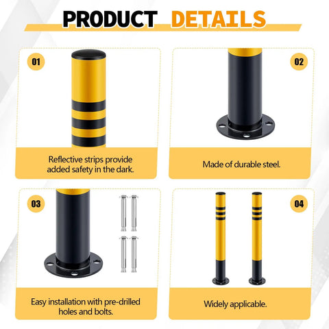 Rock Solid Galvanized Steel Parking Bollards With Concrete Anchors 29.5 X 3 Inch Heavy Duty Safety Posts, reflective safety strips.