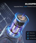 Comvtu cordless vacuum cleaner, rave red; cutaway view showing 80,000 RPM motor.