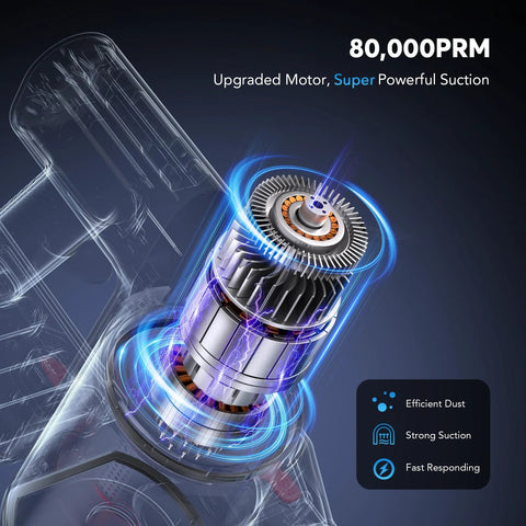 Comvtu cordless vacuum cleaner, rave red; cutaway view showing 80,000 RPM motor.