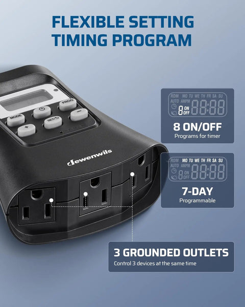 Heavy Duty Outdoor Digital Timer For Front Porch And Backyard Lights With Hassle Free Weekly Scheduling And Auto Random Lighting All Season Weather Resistant Plug In showing programmable features and three grounded outlets.