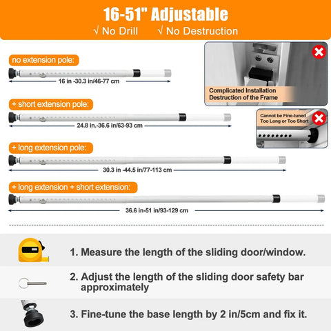Adjustable Sliding Door Security Bar 17 To 51 Inches For Patio Doors And Windows, installation guide and size options shown.