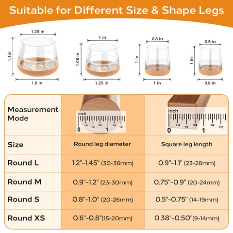 Measurement guide for Extra Small Chair Leg Protectors 24 Pack Clear Silicone Covers For Round And Square Chair Feet Protect Floors From Scratches And Noise No Scratch Universal Fit Durable Wear Resistant Pad Caps