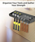 Heavy Duty Metal Hammer Holder and Hand Tool Organizer Wall Mount Rack with tools in workshop or garage setting