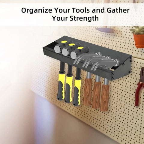 Heavy Duty Metal Hammer Holder and Hand Tool Organizer Wall Mount Rack with tools in workshop or garage setting