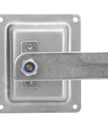 Foldable T Handle Latch Built Hella Tough For Truck Toolboxes And Camper Vans Rock Solid Stainless Polish Badass Rust Resistant Latch For Trailers, close-up view of stainless steel handle and mounting plate.