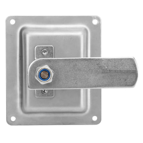 Foldable T Handle Latch Built Hella Tough For Truck Toolboxes And Camper Vans Rock Solid Stainless Polish Badass Rust Resistant Latch For Trailers, close-up view of stainless steel handle and mounting plate.