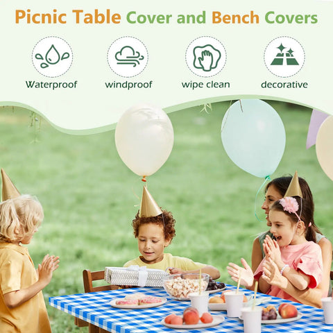 Family using blue picnic table cover with bench covers during outdoor celebration, product is Waterproof and Windproof, Camping Essentials