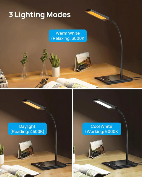 Bright Dimmable Eye Caring Desk Lamp With Three Color Modes on desk in home office setting