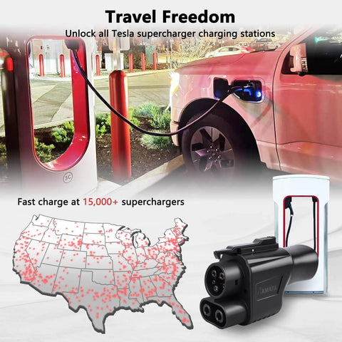 Top Tier Nacs To Ccs Adapter DC Fast Charging No Sweat EV Converter connected to Tesla supercharger for quick charging.