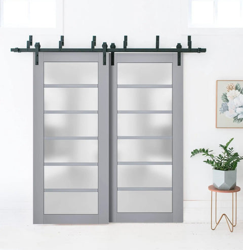 Barn Style Bypass Sliding Doors With Frosted Glass And Solid Wood Construction, 84x96 Inches, Black Finish, Modern Dope Look