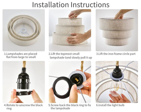 Installation steps for Three Tier Drum Linen Plug In Pendant Light With Fifteen Foot Hemp Rope Cord E26 Dimmer Switch Hanging Fixture