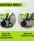 16 Inch Corded Electric Tiller With 13.5 Amp Motor showing adjustable wheels for transport and use demonstration.