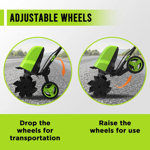 16 Inch Corded Electric Tiller With 13.5 Amp Motor showing adjustable wheels for transport and use demonstration.
