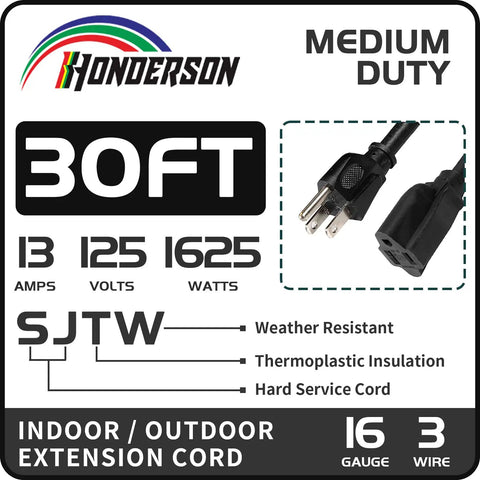Durable Outdoor Extension Cord 30 Foot 16/3 SJTW with Grounded 3 Prong Plug and specs for safe Christmas lights and exterior decor