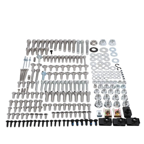 Motorcycle Fairing Bolts Kit With M5 And M6 Screws Nuts Washers And Spacers Plus Included Hex Wrenches For Ready To Roll DIY Installation And Universal Body Panel Hardware For All Models. Assorted metal bolts, nuts, washers, spacers, and clips on white.