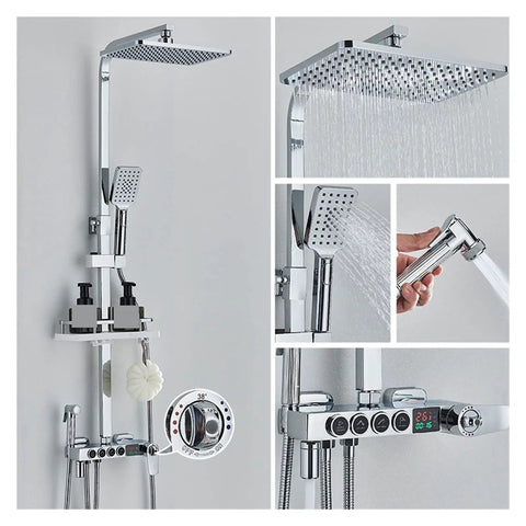 RIBEUJIZS Digital Shower System, Black Themostatic Digital Display Shower Faucet Hydropower LCD Rainfall System for Bathtub Bidet Bath Tap， 4-Way Hwsx-1，Chrome 4-Way Hwsx-1 with rainfall showerhead and digital controls.