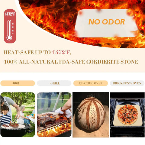 4 Piece Rectangle Pizza Stone Set 15 Inch For Oven And Grill With Oak Pizza Peel And Steel Pizza Cutter Plus 10 Free Parchment Papers Bake Restaurant Quality Pizza Bread And BBQ At Home For Your Next Pizza Night - collage showing heat-safe stone and various cooking uses