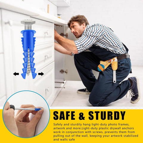 Man installing cabinet with Blue 500 Pcs Plastic Drywall Anchors Ribbed Lightweight Hollow Walls Mounting Set For Light Duty Picture Artwork Decor Projects Includes #8-10-12 X 1-1/4 Inch With Anti Rotation Rib Design.