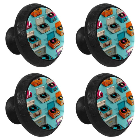 Black Cabinet Pull Handles Set with Screws, record player pattern knobs, multicolor glass, set of 4