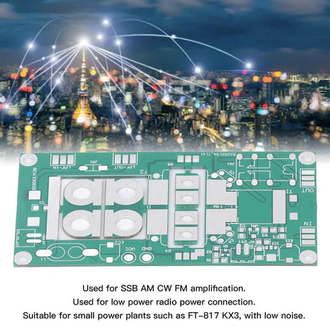 PCB of DIY SSB Linear Power Amplifier Kit 3.5-30 MHz, 13.8V, 5W In, 70W Out with cityscape background