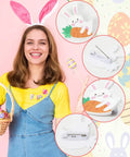 Absolutely Iconic 36 Piece Acrylic Easter Pins Bulk Kit Packing Mega Cute Bunny And Bright Egg Lapel Brooches on a smiling woman.