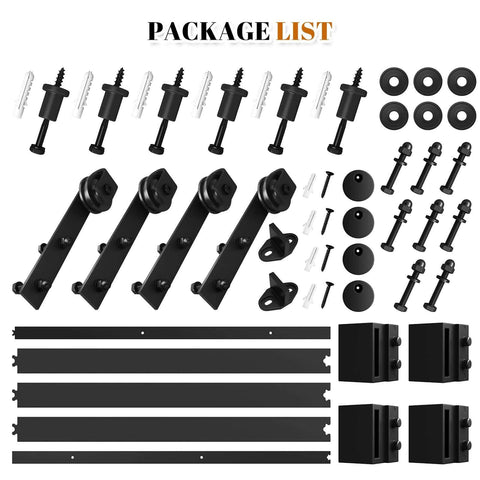 Heavy Duty 8 Ft Double Sliding Barn Door Hardware Kit In Black Carbon Steel With J-Shape Track For Two Doors, unassembled components