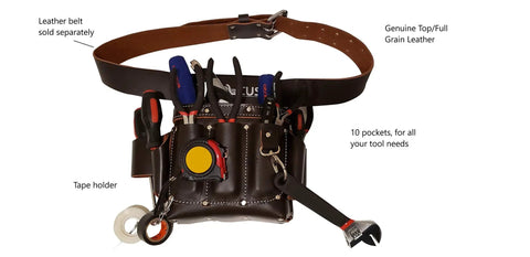 Full Grain Leather Electrician Tool Pouch Bag For Contractors With Ten Pockets 100 Percent Leather Heavy Duty Belt Pouch Fits Up To Three Inch Belts Professional Grade Carpenter Utility Carrier Dark Brown with tools inserted