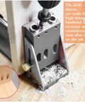 All Metal Pocket Hole Jig Kit for DIY Woodworking clamped on wood with drill creating pocket holes, close-up view