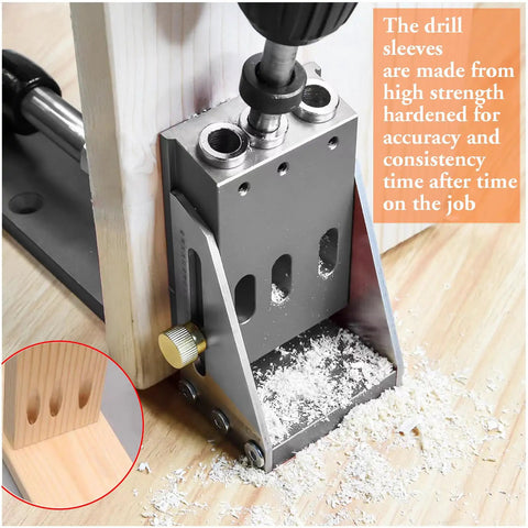 All Metal Pocket Hole Jig Kit for DIY Woodworking clamped on wood with drill creating pocket holes, close-up view
