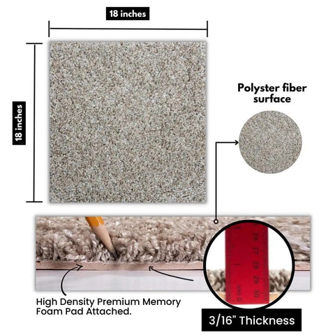 Diagram of Premium 18x18 Inch Peel And Stick Carpet Tiles For Easy DIY Install With Soft Padded Feel And Seamless Look Made In The USA 10 Tiles Delivering 22.5 Sq Ft Iron Frost, showing size and thickness details
