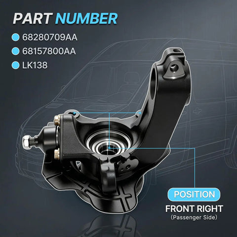Front Right Steering Knuckle With Wheel Hub Assembly And Preinstalled Bearing For Ram ProMaster 1500 2500 3500 showing part details and design.