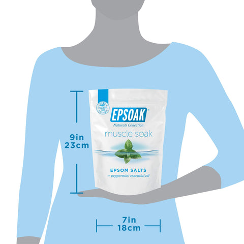 Person holding a bag of Muscle Recovery Epsom Salt Soak with Eucalyptus and Peppermint Essential Oils, dimensions shown.