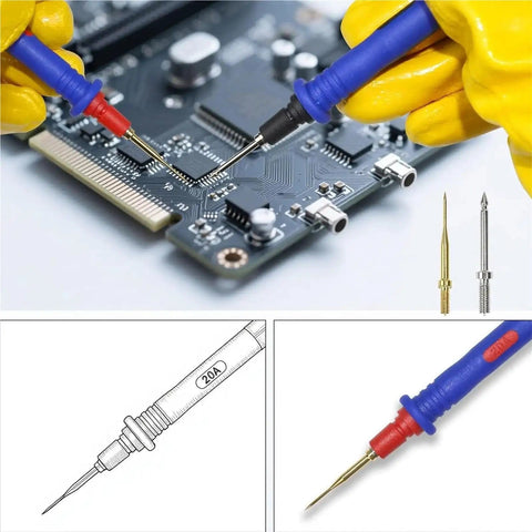 Ultra Sharp Multimeter Test Leads Kit with Soft Silicone Insulation and Gold Plated Probes for Pro Grade Readings in PCB testing.